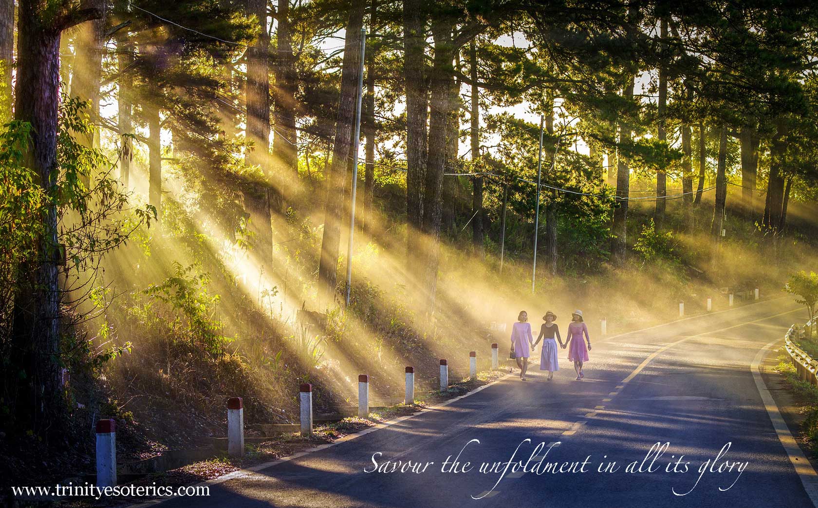 women walking down lighted road trinity esoterics