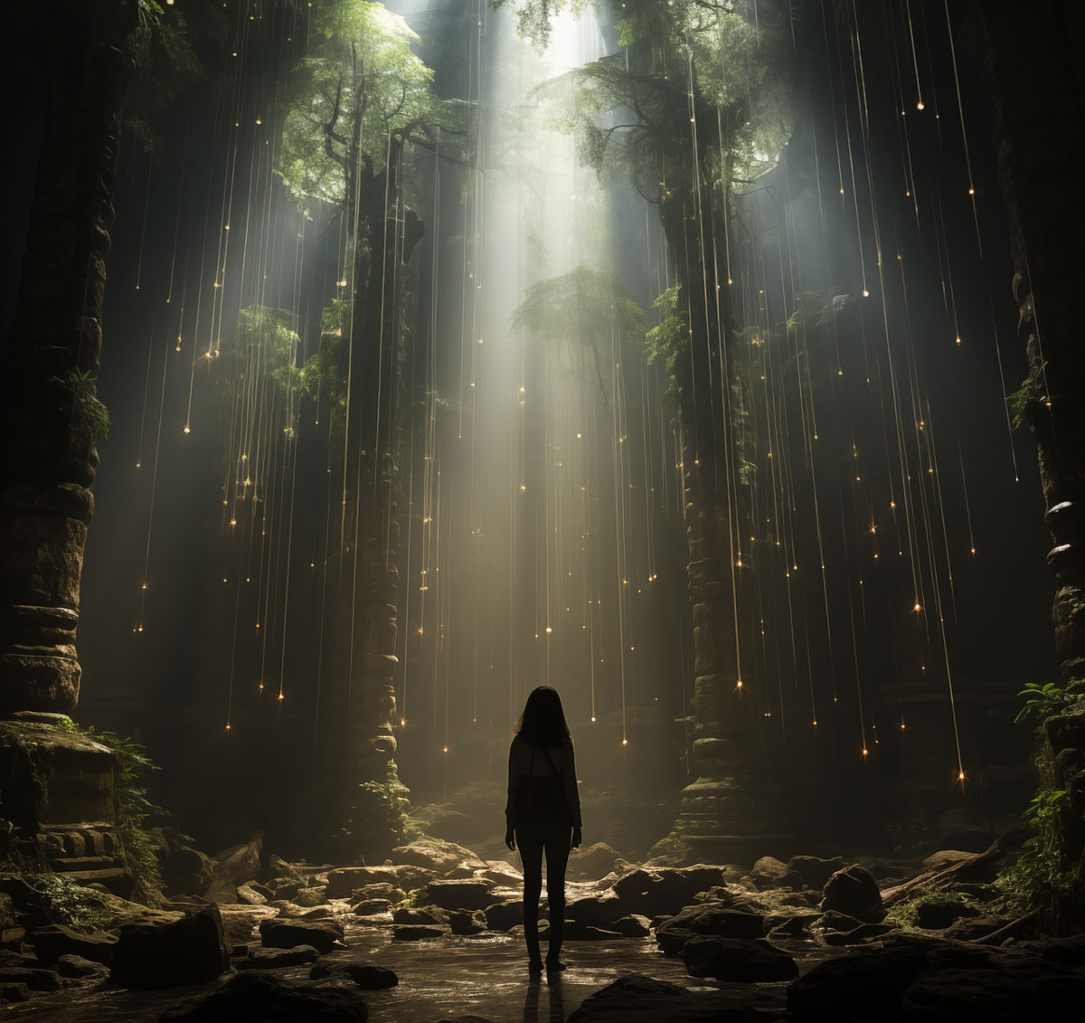 person standing in beam of light trinity esoterics