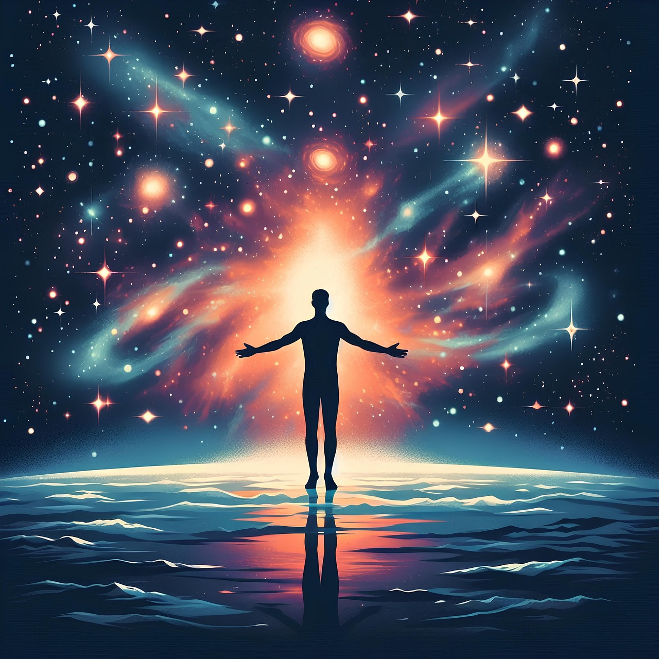 man with open arms in the energy of the cosmos trinity esoterics