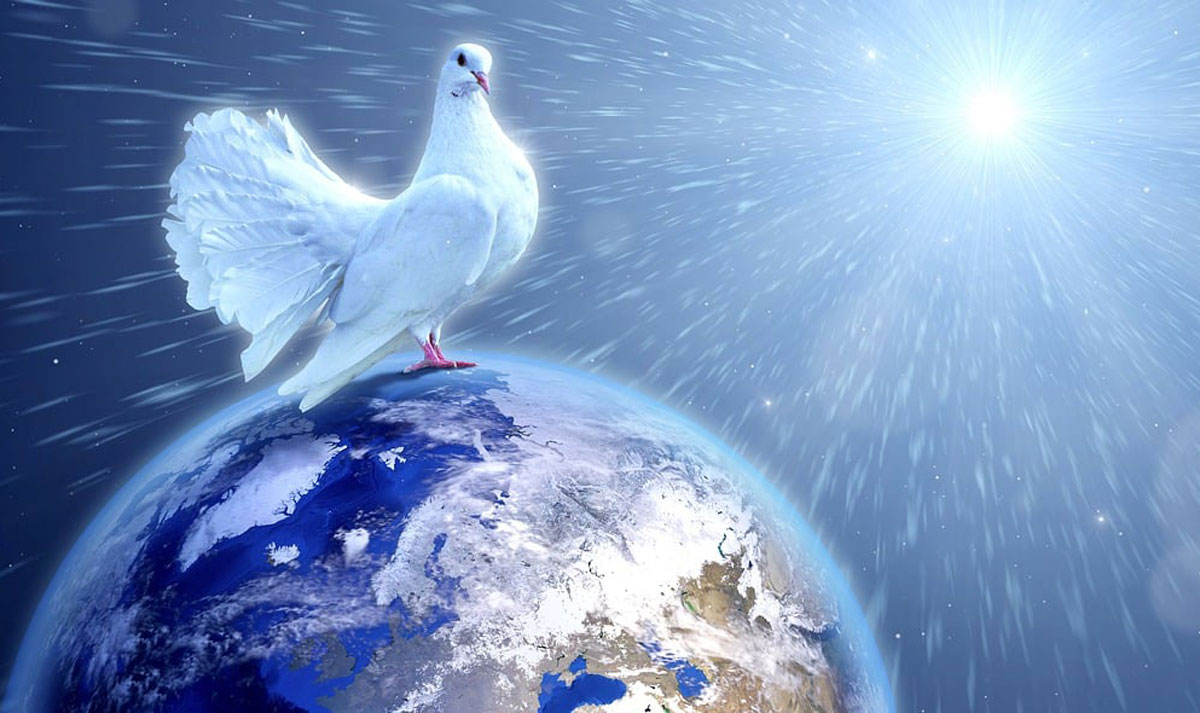 dove sitting on planet with streaming light from above trinity esoterics
