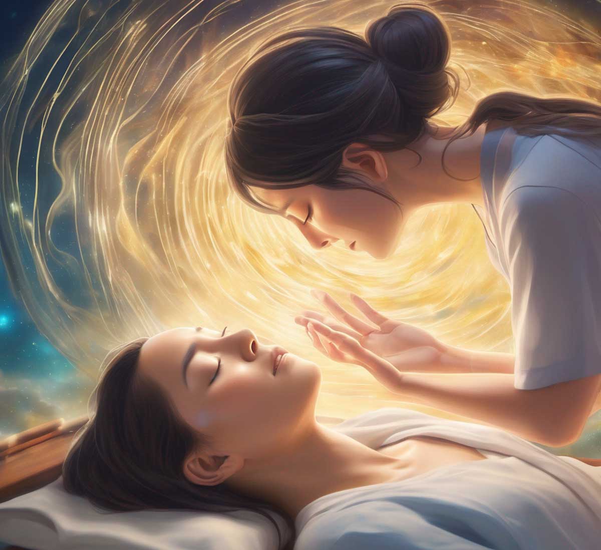 glowing woman sharing energy trinity esoterics