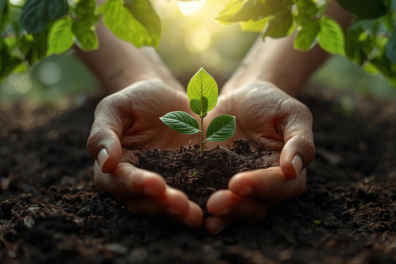 sprout growing in loving hands holding soil trinity esoterics