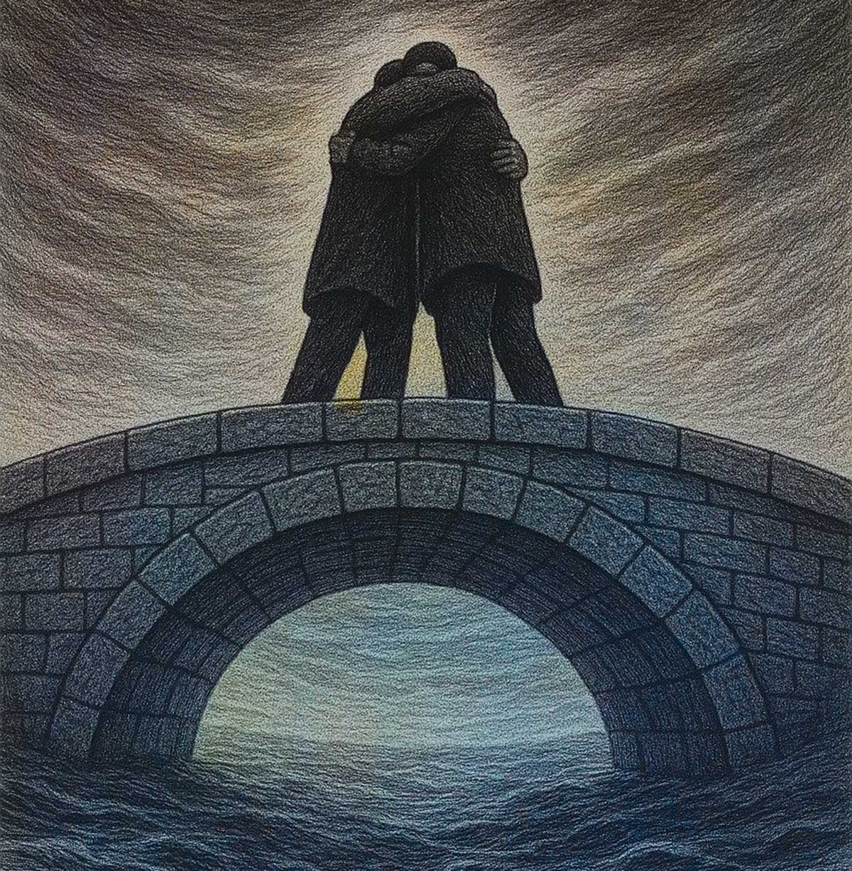 two people hugging on bridge trinity esoterics