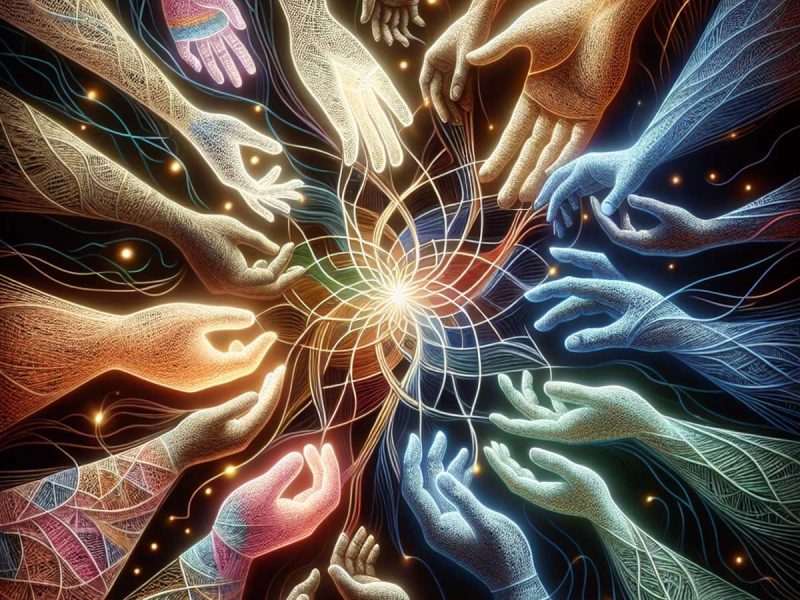 different hands reaching towards centre point trinity esoterics