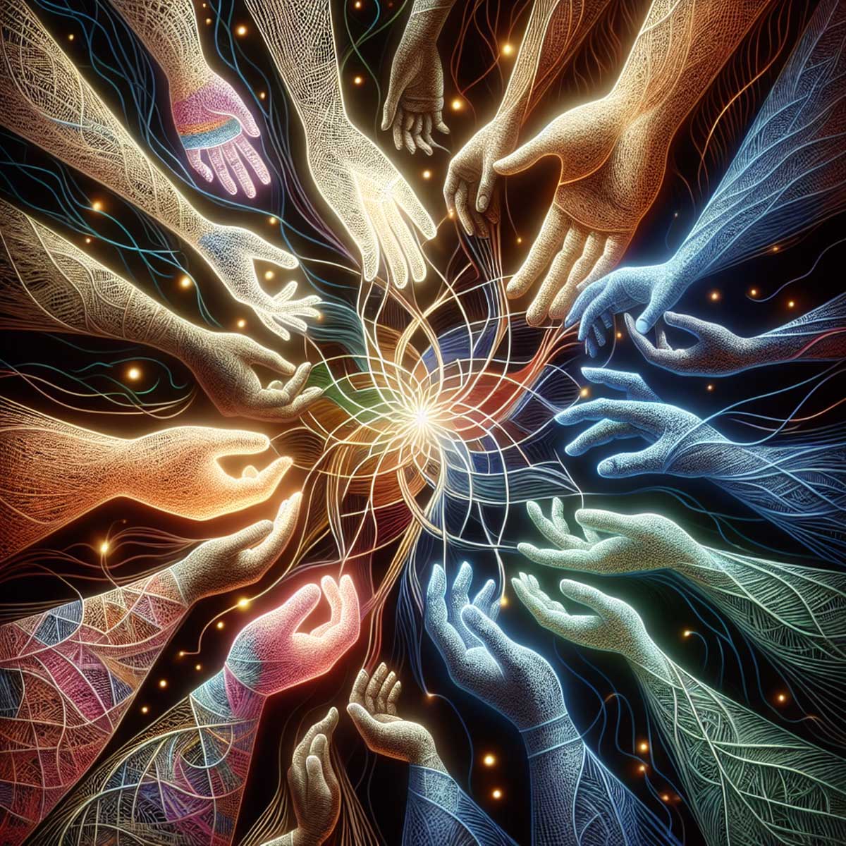 different hands reaching towards centre point trinity esoterics