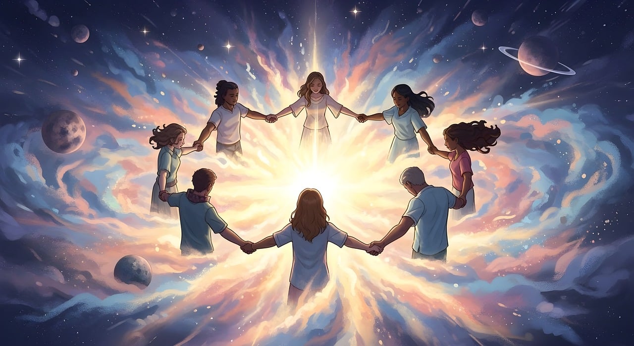 circle of people holding a space of light trinity esoterics