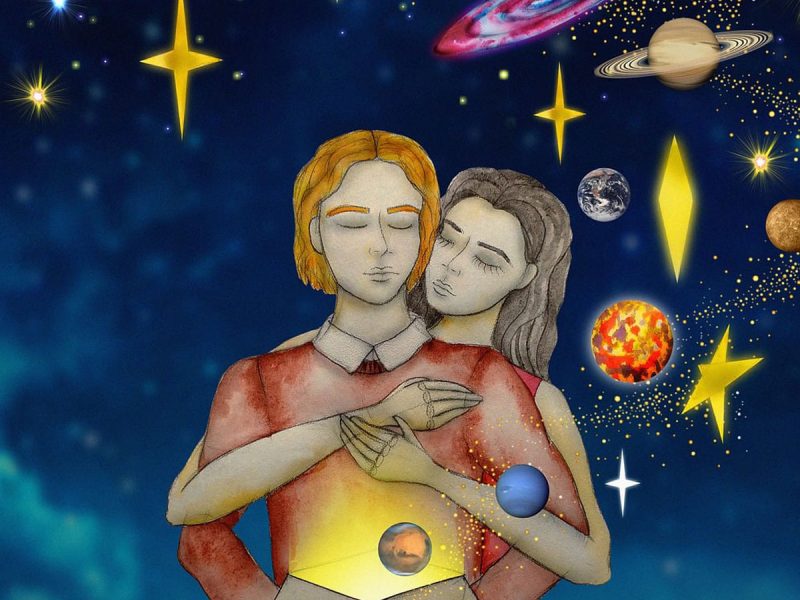 person surrounded with planets and love trinity esoterics