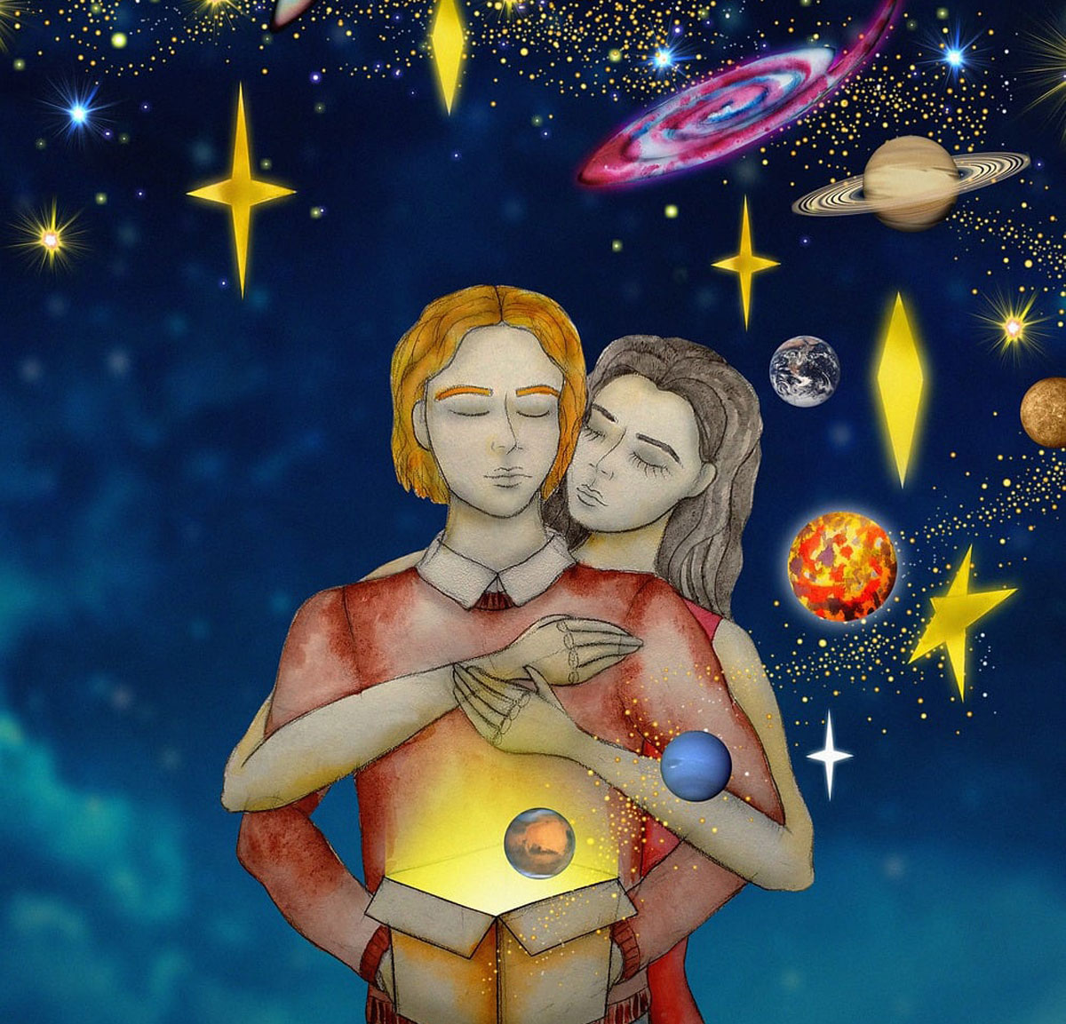person surrounded with planets and love trinity esoterics