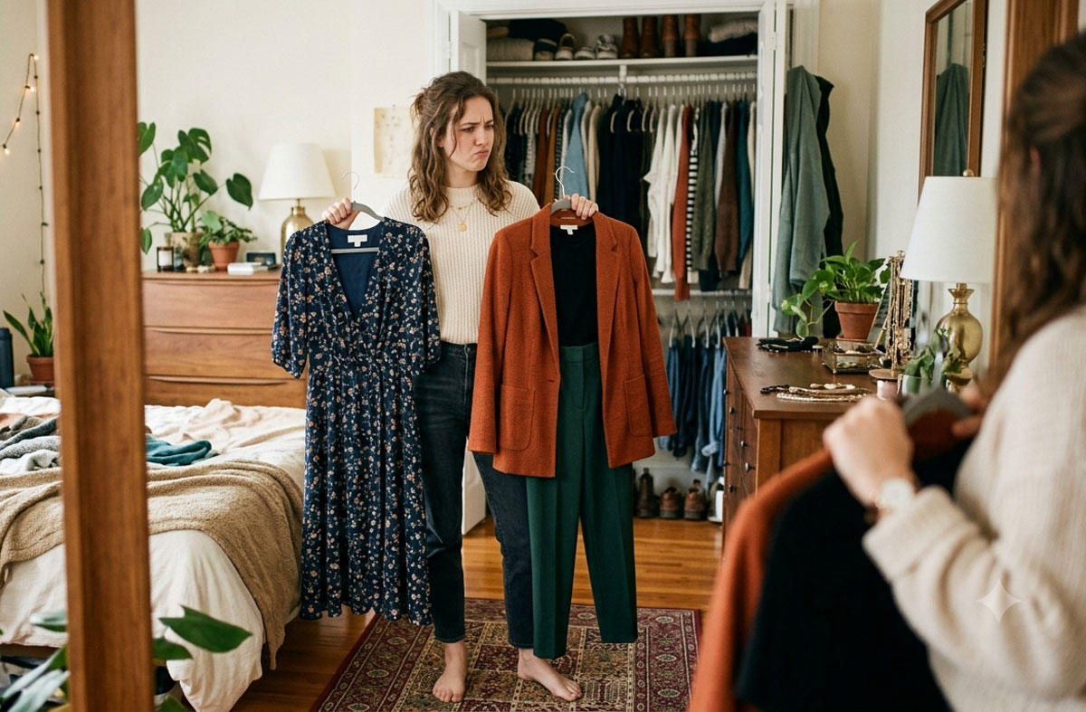 woman deciding on outfit trinity esoterics
