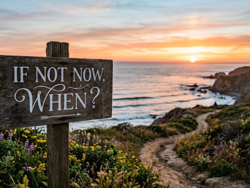 sign that says if not now when next to path to beach