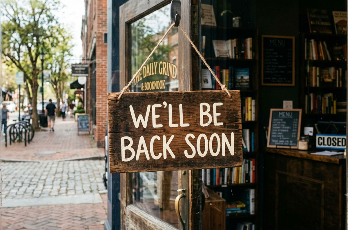 sign saying we'll be back soon trinity esoterics