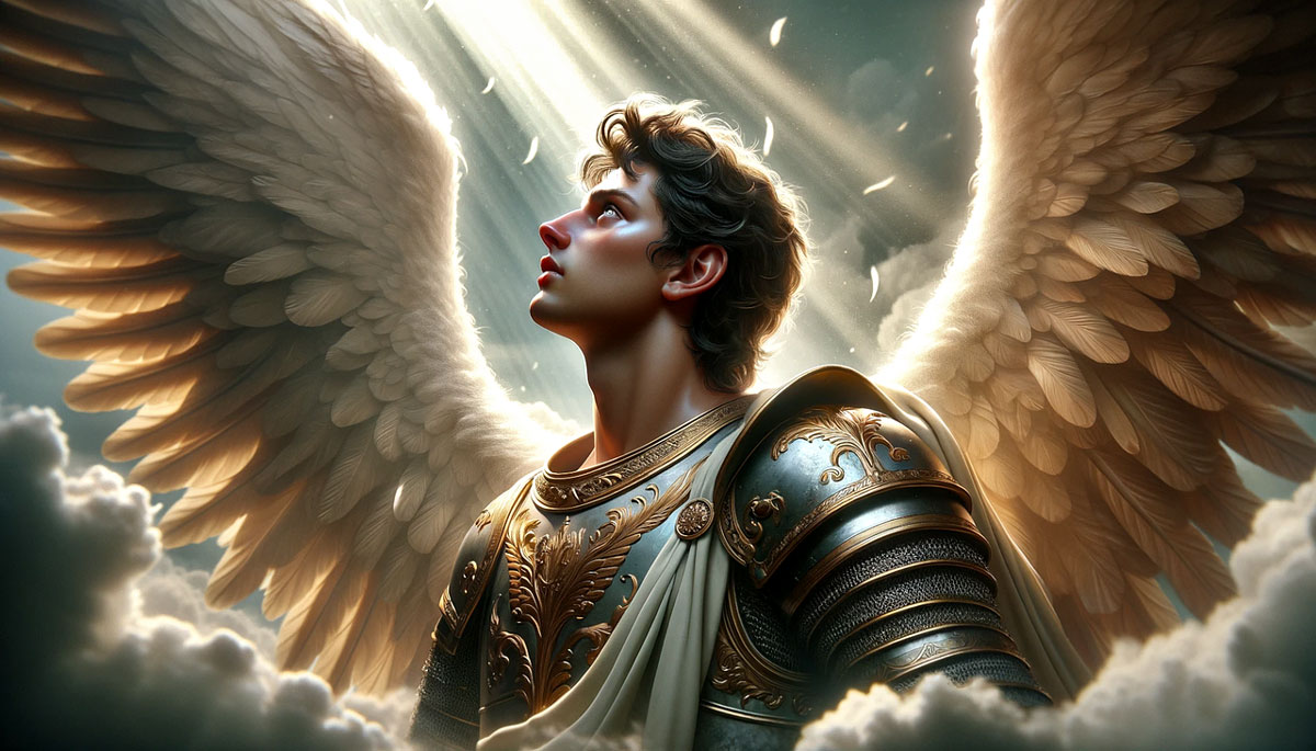 archangel gabriel looking up into the light trinity esoterics