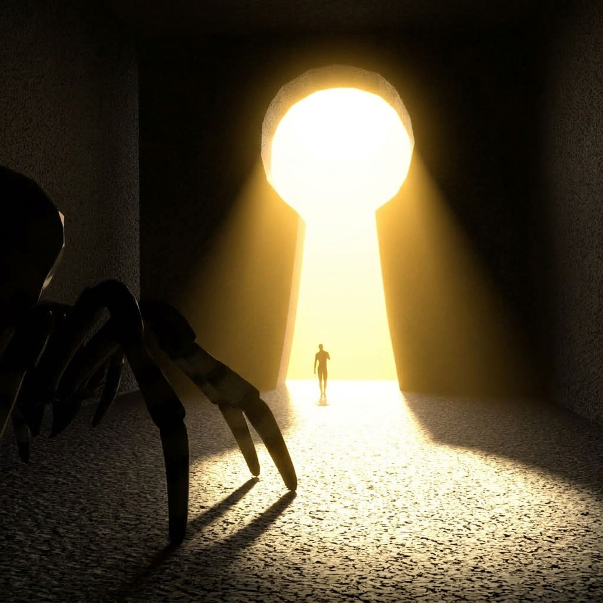 person moving out of darkness into light trinity esoterics