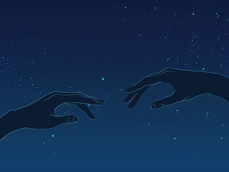 hand reaching for hand with starry sky trinity esoterics