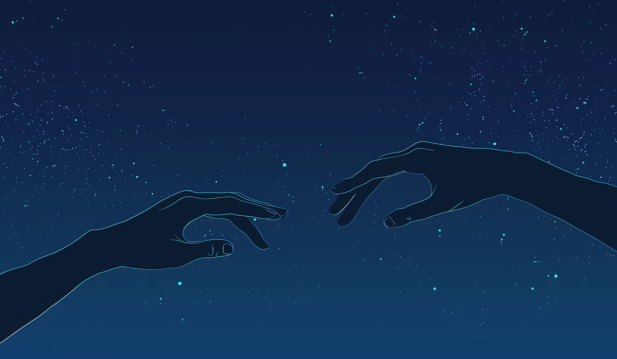 hand reaching for hand with starry sky trinity esoterics